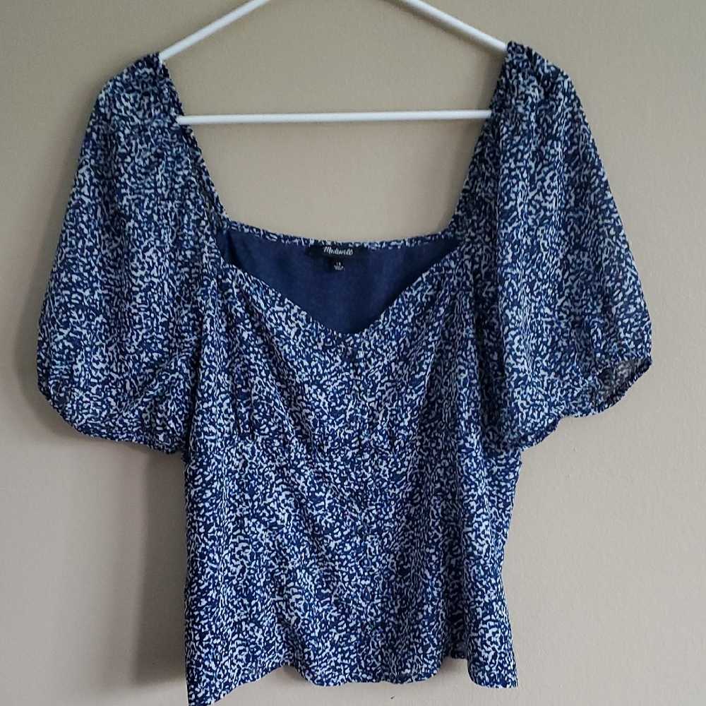 Madewell Blue and White Puff Sleeve Blouse
